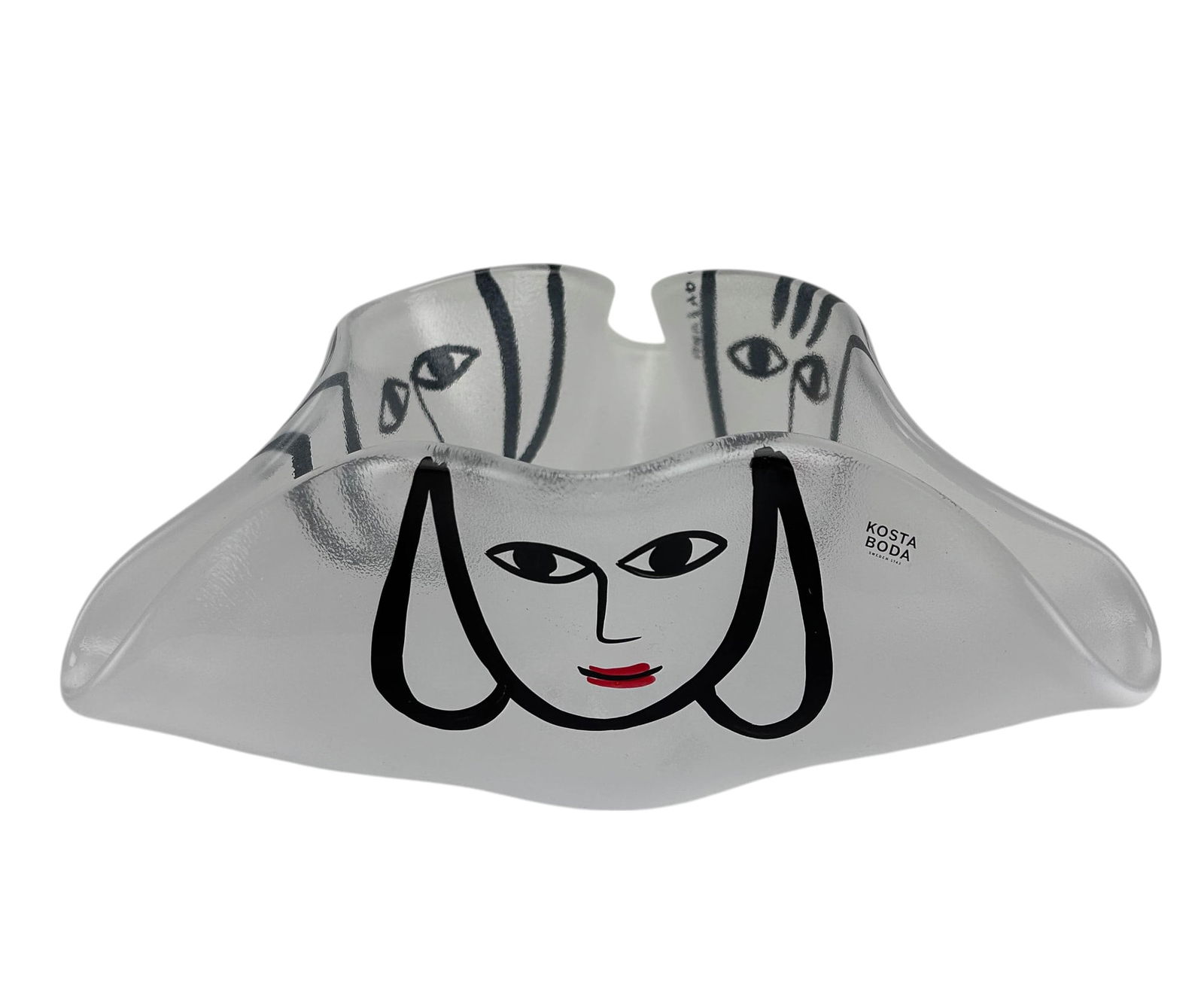 Kosta Boda Ulrica Hydman Vallien Glass Bowl SIGNED: Ulrica Hydman Vallien (Swedish, 1938-2018) ~ celebrated 20th and 21st century Swedish glass artist who specialized in stained glass and decorative painting. This "Happy Going" freeform folded form fro