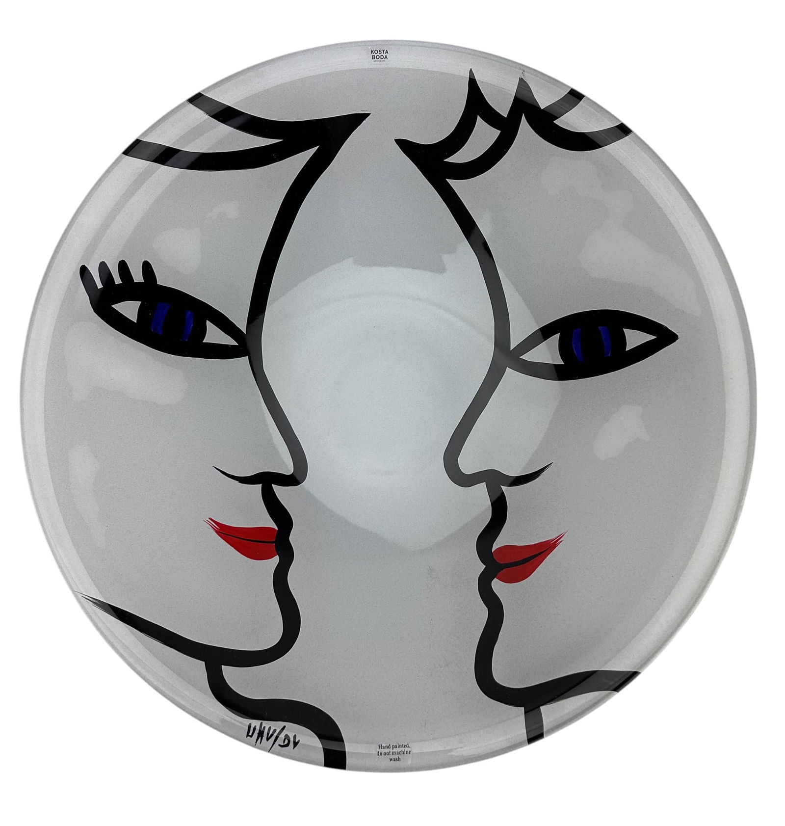 Kosta Boda Ulrica Hydman Art Glass Charger SIGNED: Ulrica Hydman Vallien (Swedish, 1938-2018) ~ celebrated 20th and 21st century Swedish glass artist who specialized in stained glass and decorative painting. Features a bold, hand painted design of two