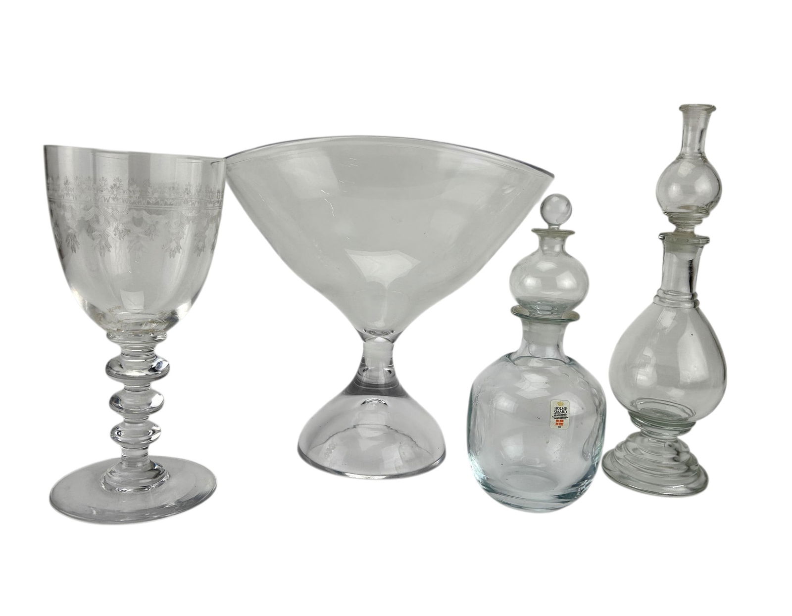4 Holmegaard Kosta Boda Duncan Miller Glass Object: Estate collection lot of four Scandinavian and American origin glass articles. Includes ~ One (1) Holmegaard Denmark Michael Bang carafe decanter with stopper. One (1) Kosta Boda Vicke Lindstrand balu