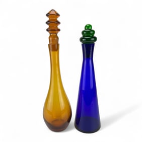 Amber & Cobalt Blue Empoli Art Glass Decanter LOT