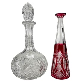 Cut Glass Cranberry & Brilliant Decanter 2pc LOT