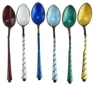 6 Ela Denmark Sterling Enamel Demitasse Spoons Box