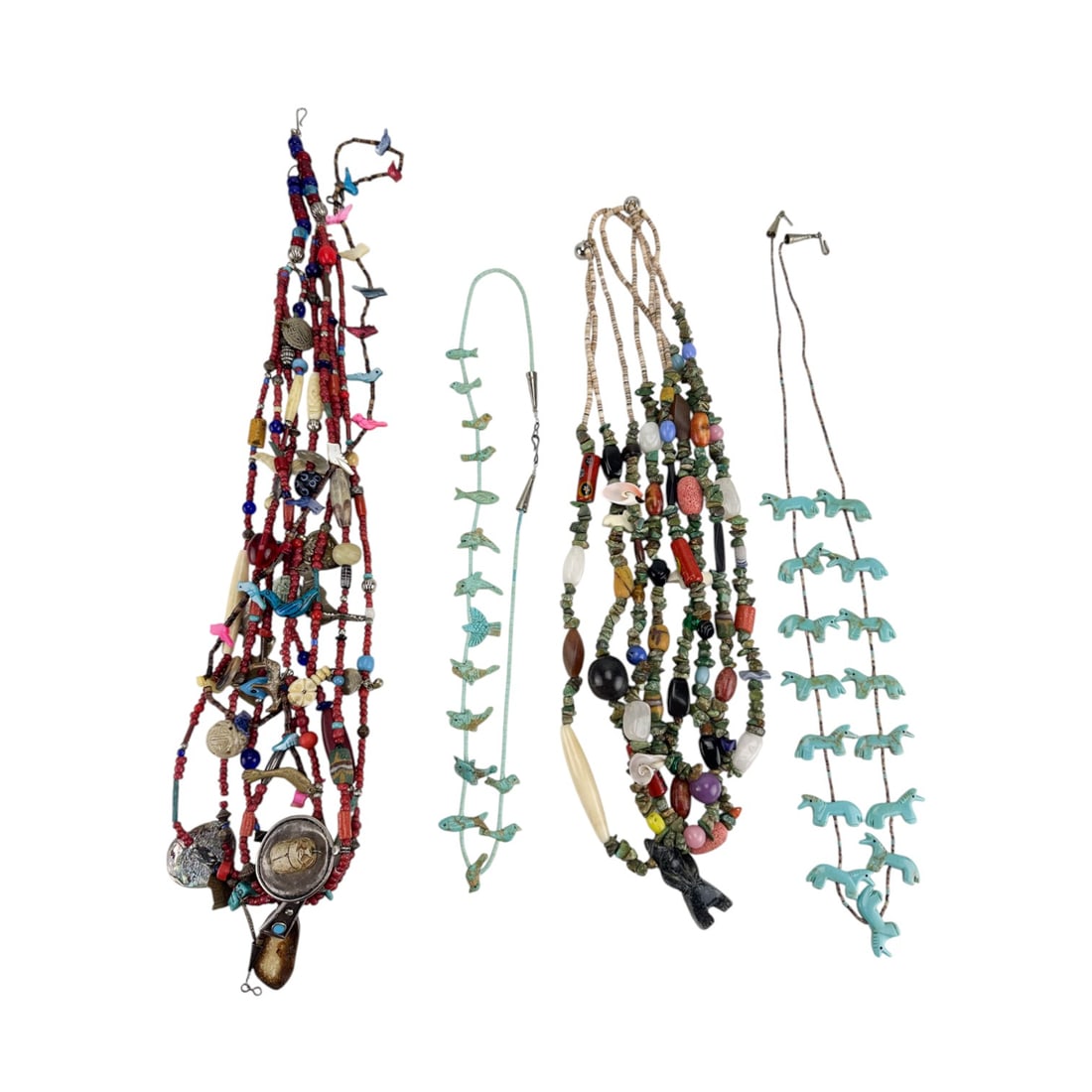 Native American Indian Fetish Necklaces 5pc LOT: Estate collection of five (5) Native American Indian fetish and Multi Strand necklaces. Includes two Multi Strand necklaces composed of coral, turquoise, shell, and stone beads combined with various c