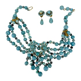 Turquoise Beaded Choker Necklace & Clip Earring Or