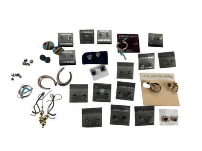 Sterling Silver 925 Blue Turquoise Earrings 25 Or: Sterling silver pierced earrings lot. Assortment includes approximately two dozen pairs in various styles and settings. Some earrings on original cards and others loose or bagged. Lot includes pairs w