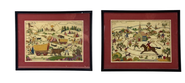 Embroidered Pioneer Life Landscape Textile 2pc LOT
