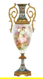 Sevres Style French Porcelain Champleve Urn Vase: A Sevres style French porcelain champleve urn vase. Produced circa 1900. Baluster form porcelain body hand painted in a delicate colorway of eggshell white, pink, lavender purple, and other pastel sha