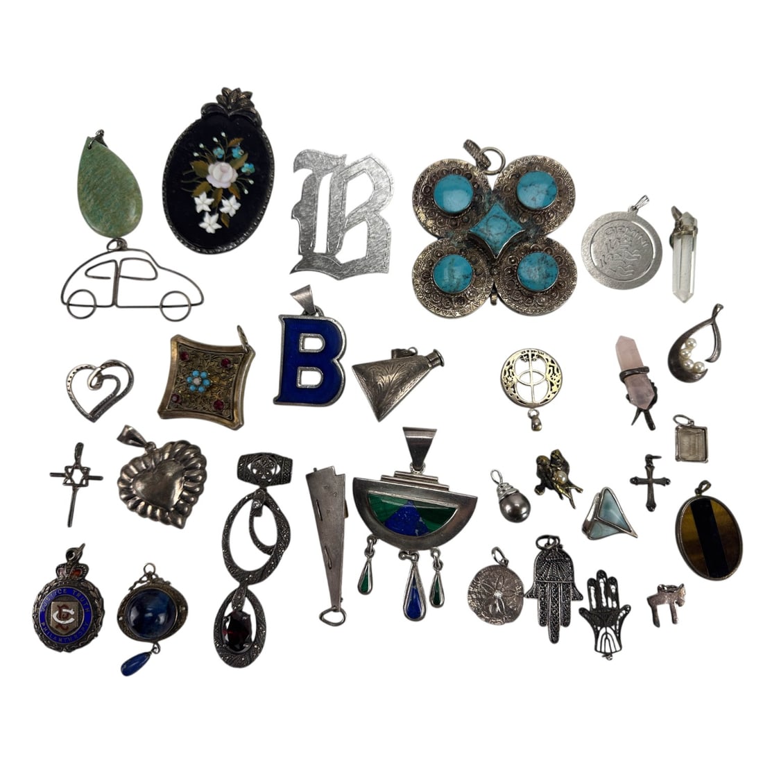 Sterling Pietra Dura Gemstone Necklace Pendant 31p (1 of 6)