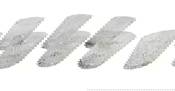 Waterford St Louis Crystal Bar Barware Glasses 7pc: Seven (7) Waterford clear cut crystal whiskey tumblers in assorted traditional patterns in various faceted and starburst motifs and featuring fan shapes over a cross hatch designs. Undersides with a c