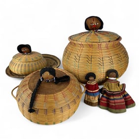 Hand Coiled Woven Baskets Tray & Seminole Doll 6pc