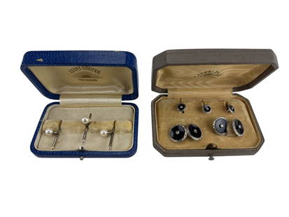 Asahi Shoten Yokohama Men's Cufflinks & Stud Sets: Asahi Shoten Yokohama, two vintage men's formalwear sets in original cases. One 9k white gold black onyx and diamond cufflinks and studs in grey velvet box wieghing 7.9 grams. One gold filled pearl cu