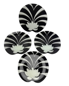 Art Deco Frosted & Black Glass Lotus Plates 4p LOT