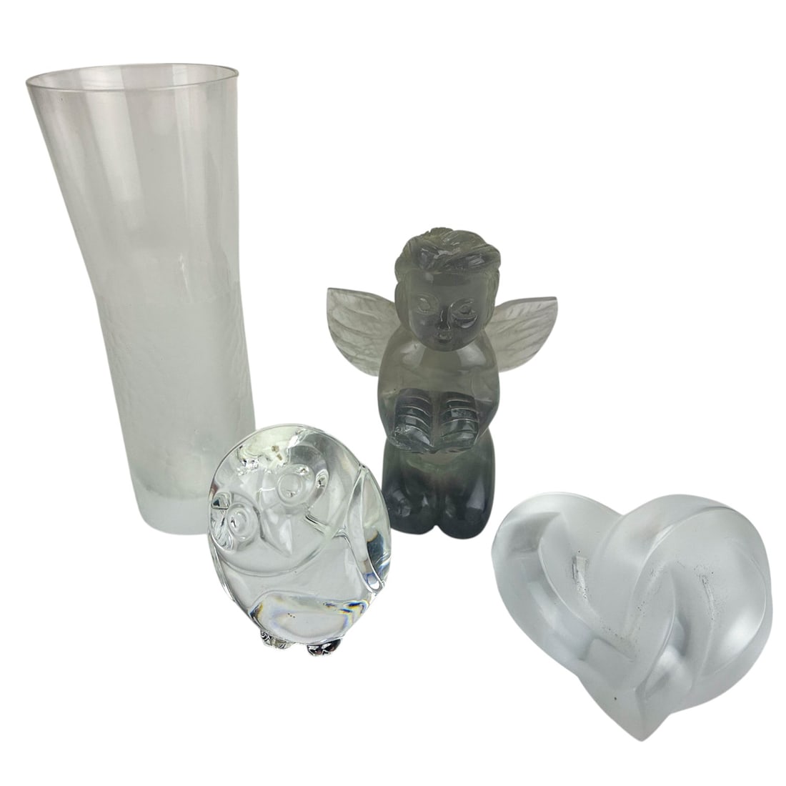 Lalique Hermes Steuben Owl Heart Vase Angel 4p LOT: Includes ~ One (1) Lalique French frosted crystal art glass Entwined Knotted Heart paperweight. One (1) Steuben studio blown art glass crystal owl hand cooler / paperweight / figurine designed by Lloy