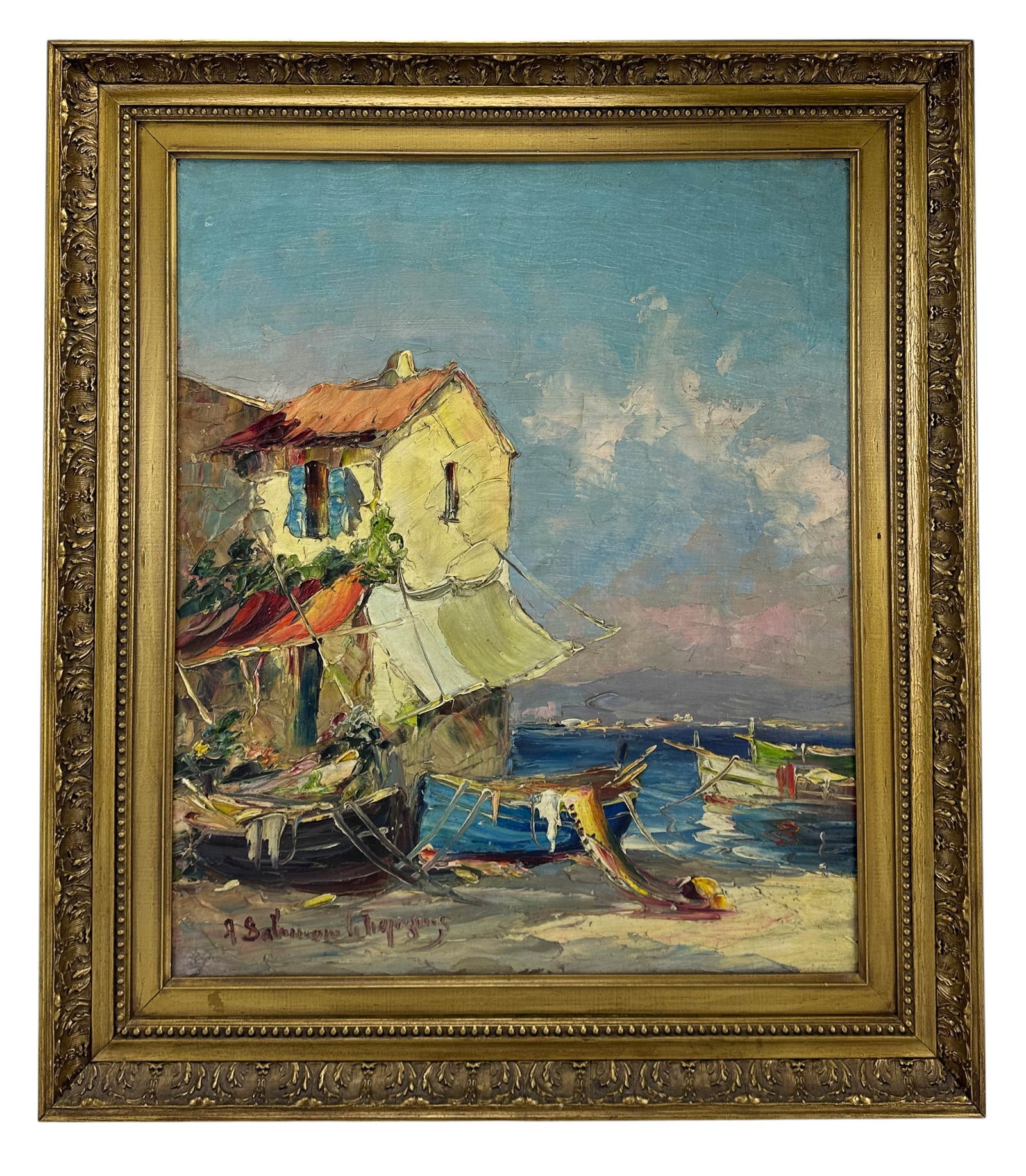Salomon Le Tropezien Coastal Scene Oil Painting: Salomon Le Tropezien (French, 20th century) original oil painting on canvas. Depicting a Mediterranean coastal scene with a rustic stucco house and moored fishing boats. The composition features vibra