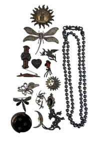 Sterling Onyx Hematite Marcasite Necklace Pin LOT