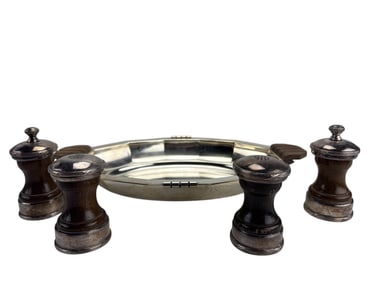 Peugeot French Salt Pepper Grinders & Silver Tray