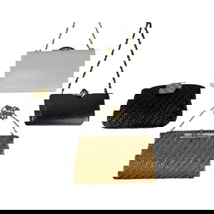 Rodo Italian Designer Evening Purse Clutch Bag: Collection of four Italian designer evening bags by Rodo. One with a black colored woven design with silver and gold tone clasp closure, one with natural tone woven straw bag with gold-tone hardware a