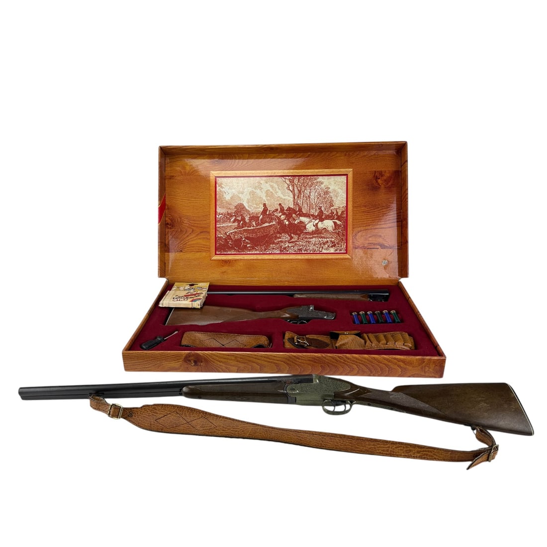 Edison Montecarlo Doppietta Cal 12 Toy Cap Gun Set: A limited edition Italian toy hunting rifle set, modeled after a traditional 12-gauge shotgun. Branded Edison Montecarlo with box labeled Prestige Set Limited Edition. The double-barrel break action t