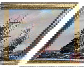 J Harvey 20thC Maritime Naval Battle Oil Painting