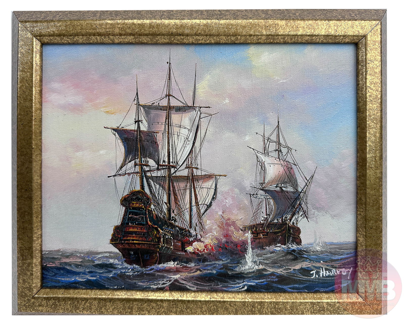 J Harvey 20thC Maritime Naval Battle Oil Painting (1 of 4)