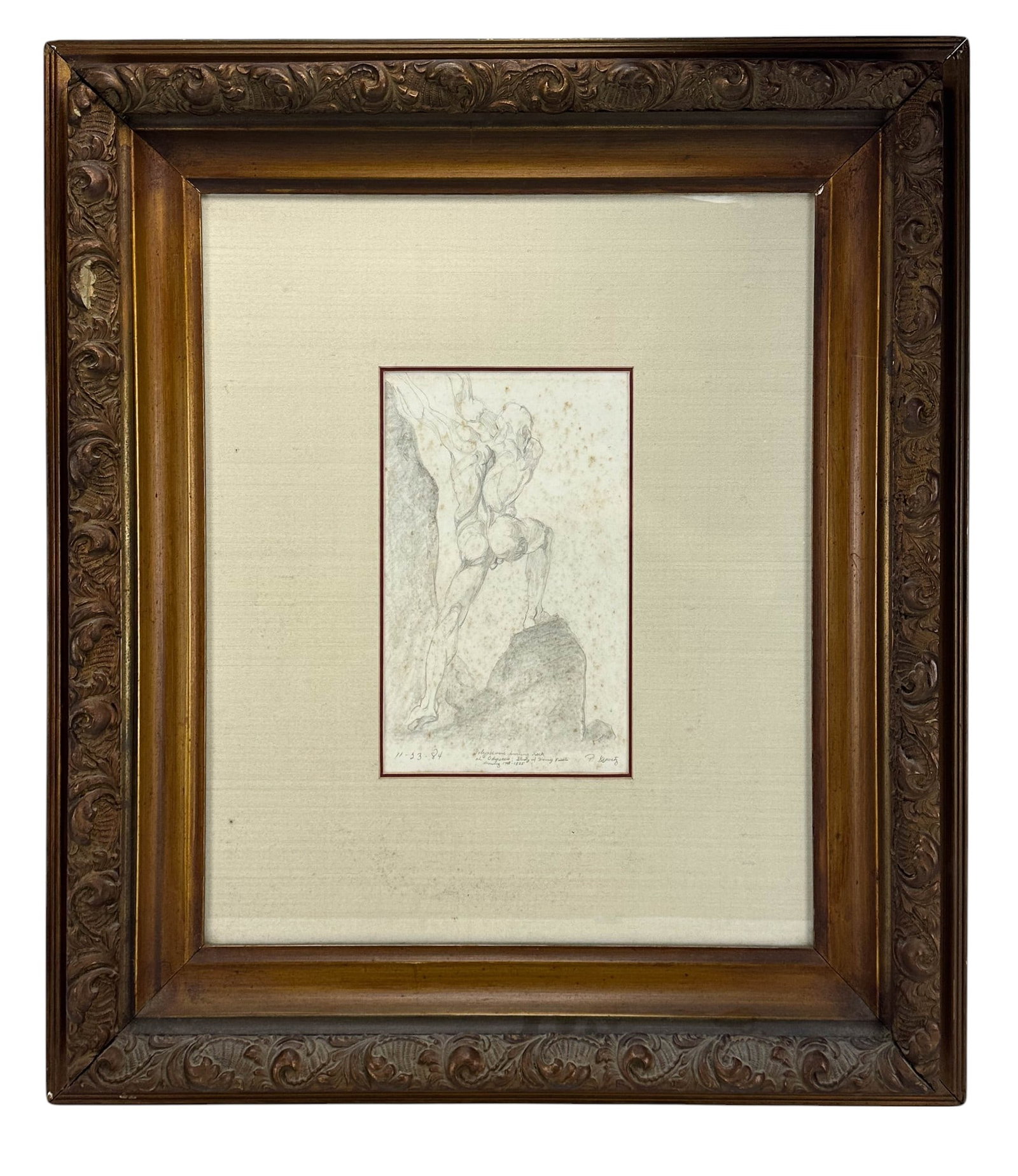 Polyphemus Hurling Rock Pencil Drawing after Fusel: Late 20th century pencil drawing on paper. Titled " Polyhemus hurling rock at Odysseus." Depicts a scene from Homer's Odyssey where Polyhemus blinded by Odysseus, hurls a rock at the fleeing hero's sh