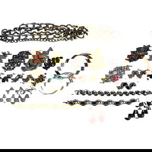 Vogue Ciner KJL Pin Bracelet Earrings Belt 19p LOT: Estate collection costume jewelry lot including 19 (nineteen) pieces comprised of assorted brooches, bracelets, clip earrings and a belt. Includes ~ seven (7) pairs of clip earrings, six (6) brooch pi