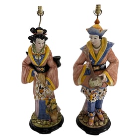Italian Capodimonte Pair Figural Chinoiserie Lamps