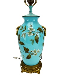 French Turquoise Porcelain Lamp w/ Bird & Blossom