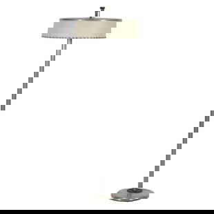 Kurt Versen Style MCM Metal Flip Top Floor Lamp: A mid-century modern floor lamp with an industrial-stylized design, attributed to the Flip Flop floor lamp by Kurt Versen. An aluminum base and pole, with a top shade that doubles as a reading lamp an