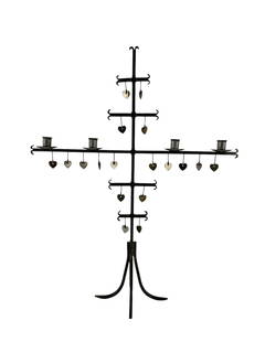 Gunnar Ander Swedish Mid 20th Century candle holder: Gunnar Ander for Ystad Metall Swedish mid century modern candelabra. Features a central stem with radiating horizontal arms and five candle holders. Multiple suspended heart shaped pendants hang from