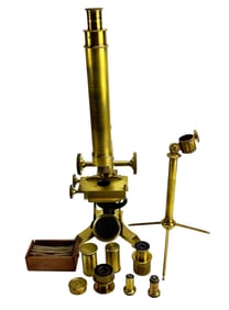 19th C Brass Monocular Microscope with Accessories