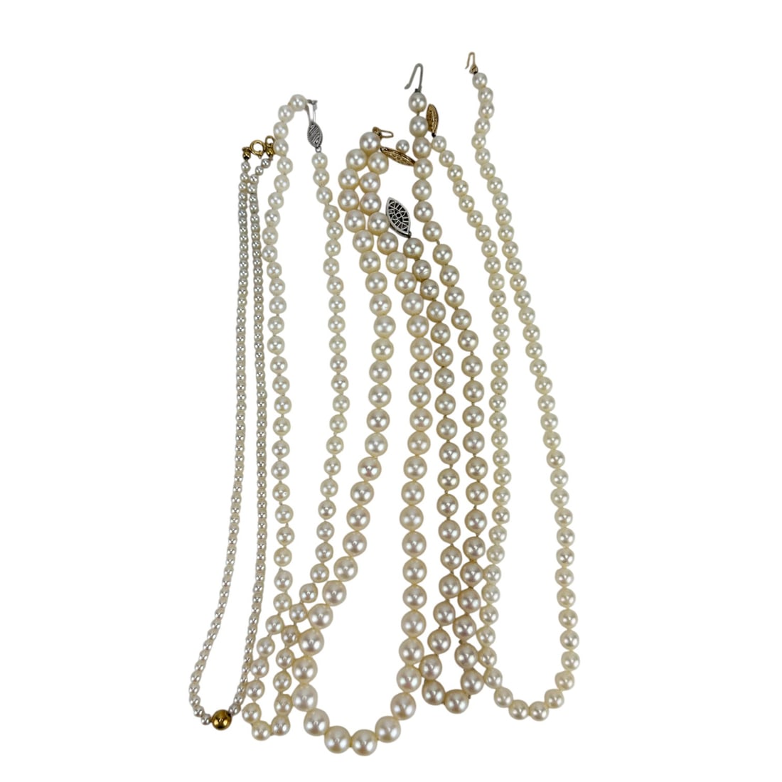Saltwater Cultured Akoya Pearl Choker 14K Clasp 5p: Collection of five (5) choker length necklaces composed of saltwater cultured Akoya pearls. Each strand is individually hand knotted and features round to near round pearls in cream and white tones wi