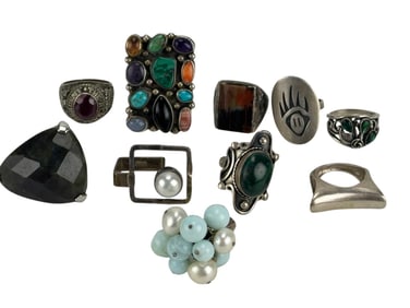 Sterling Silver Gemstone Faux Pearl Rings 10pc LOT