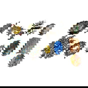 Sterling Silver Gemstone Glass Brooch ESTATE LOT: Estate collection lot of ten (10) brooches and pins, nine (9) composed of sterling silver 925, gemstone, and glass elements. Includes a grape cluster brooch with silver leaves and round pearls, a flor