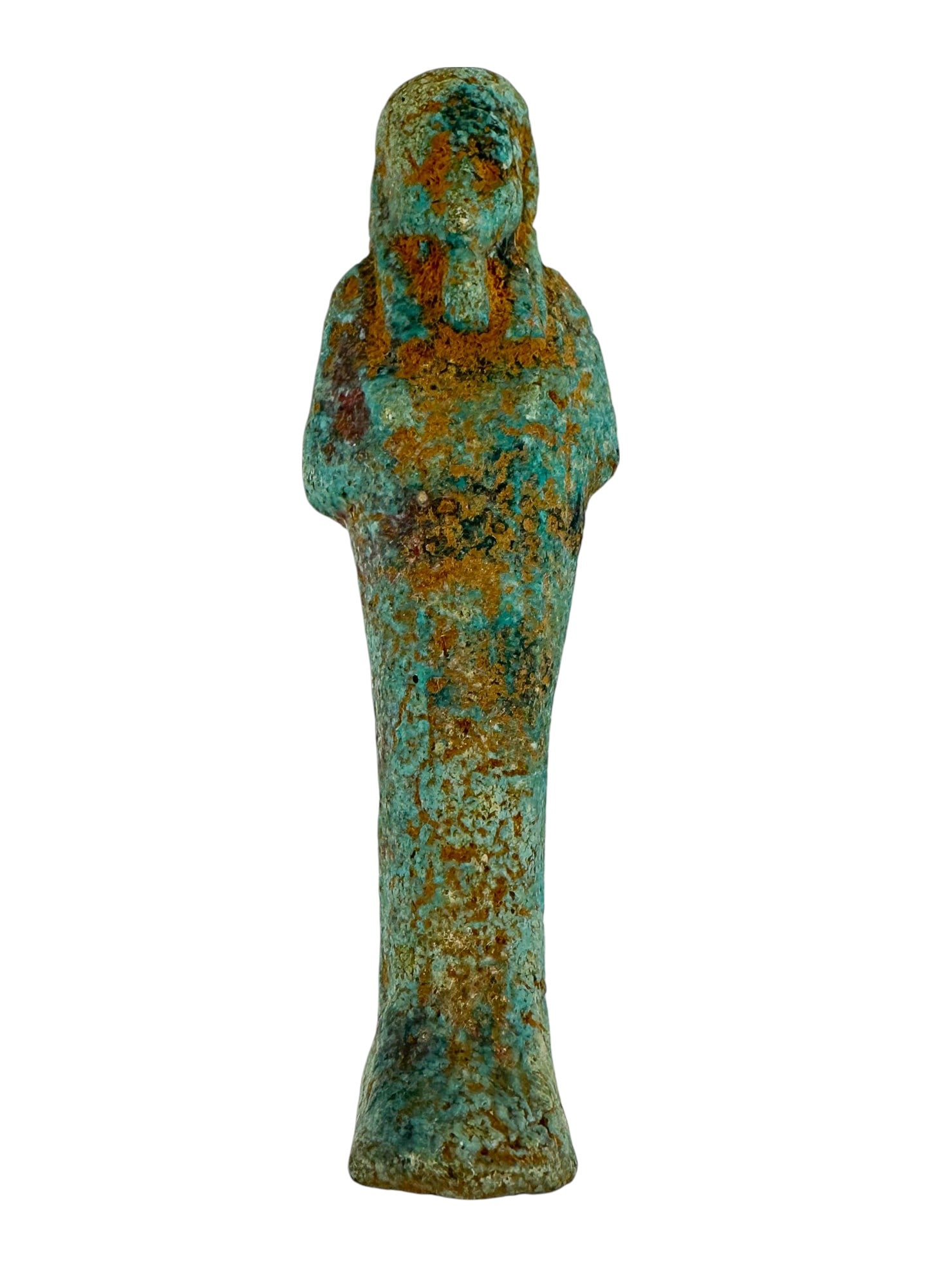Ancient Egyptian Style Blue Faience Ushabti Figure: An Egyptian style blue faience ushabti figure, modeled in the traditional mummiform pose with arms crossed. Retains its original patinated surface with a mottled bluish green glaze and traces of earth