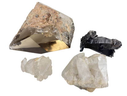 Clear and Smoky Quartz Crystal Specimens 4pc. LOT: Lot of four natural quartz crystal specimens including a large polished smoky quartz point featuring internal inclusions, natural veining, and matrix material along one side. The lot also includes a d