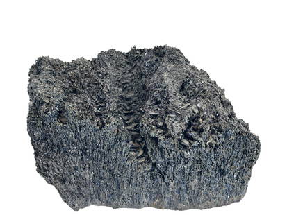 Silicon Carbide Carborundum Crystal Rock Specimen: Natural silicon carbide carborundum specimen featuring a rugged, volcanic like form with vivid iridescent surfaces in black, blue, and gunmetal. Sculptural crystalline texture with voids and striation