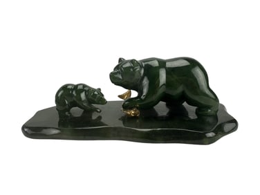 Lyle Sobel Style Green Jade Bear w/ Cub Sculpture