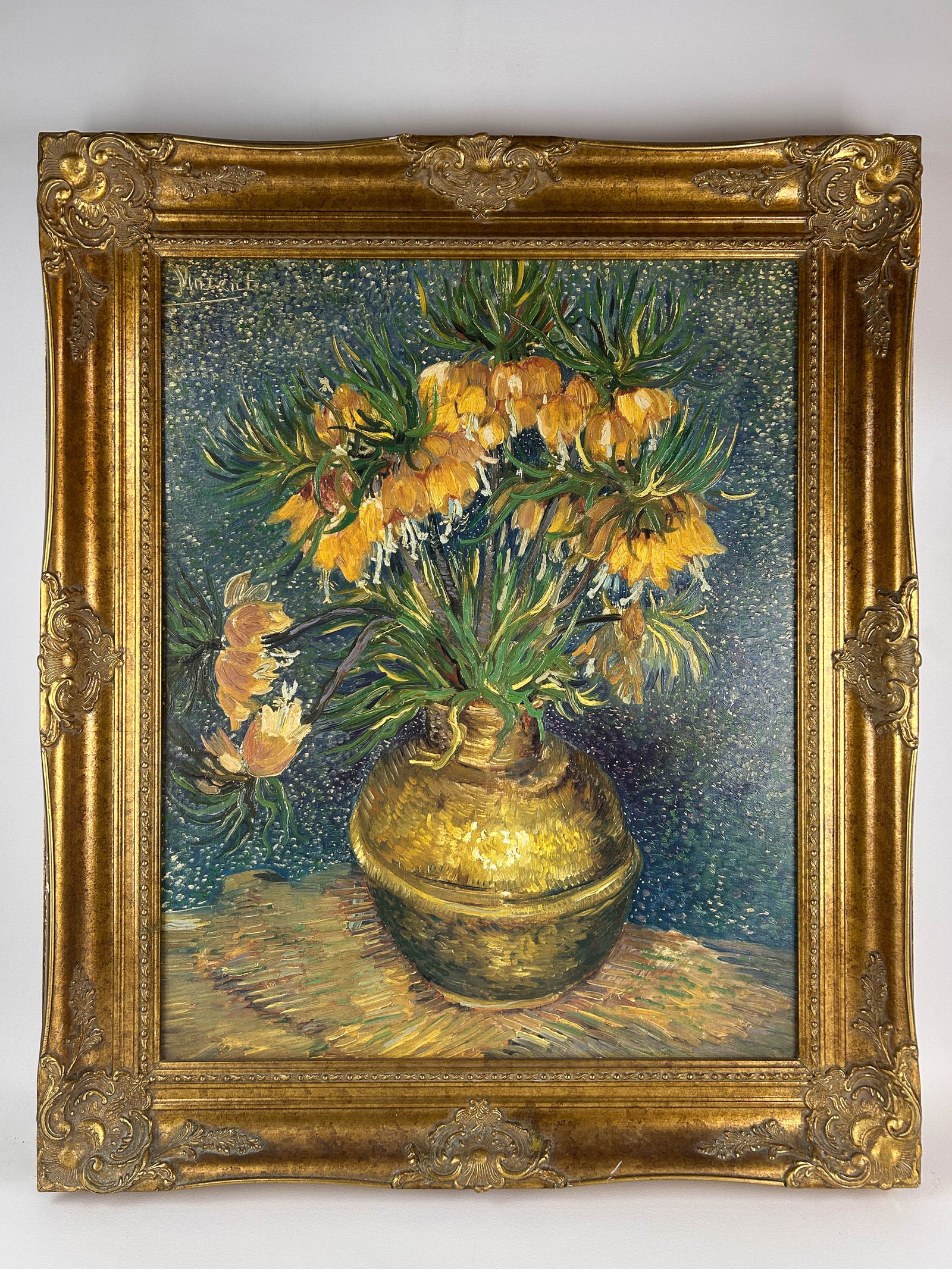 Imperial Fritillaries Oil Painting After Van Gogh: Oil painting on canvas titled Imperial Fritillaries in a Copper Vase after the Dutch Post Impressionist painter Vincent Van Gogh (Netherlands, 1853-1890). Depicts yellow orange fritillary flowers arra
