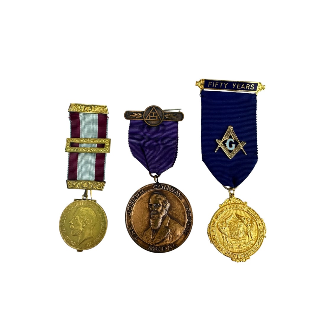 Freemasonry Masonic & Coronation George V Medal 3p: Includes ~ One (1) 50 year commemorative medal from The Grand Lodge of Quebec, an organization of Freemasons. Medal features masonic symbols including the square and compass, Letter G and The Grand Lo