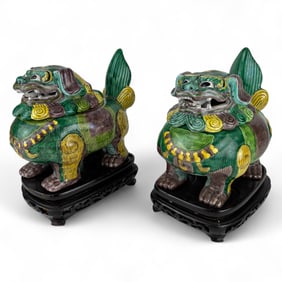 Chinese Sancai Glazed Foo Dragon Dog Censer PAIR