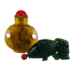 Chinese Spinach Jade & Amber Glass Snuff Bottle 2p