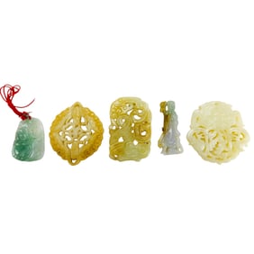 Chinese Jade Figural Floral Necklace Pendants 5pc