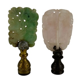Chinese Carved Jade & Rose Quartz Lamp Finials 2pc