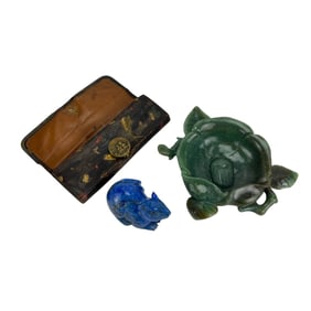 Chinese Jade Brush Pot Lapis Mouse & Leather Purse