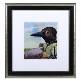 Surreal Embroidered Bird Man Oil Painting SIGNED