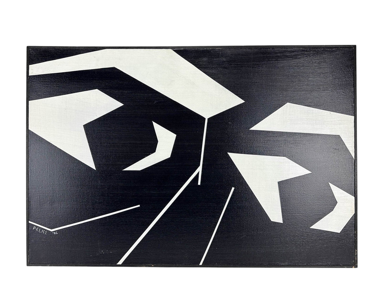 Pelke Abstract Geometric Black White Oil Painting: Wayne Pelke (American, 20th Century) oil painting on canvas. Featuring geometric forms in black and white with sharp, angular shapes and intersecting lines that convey a sense of motion and contrast w