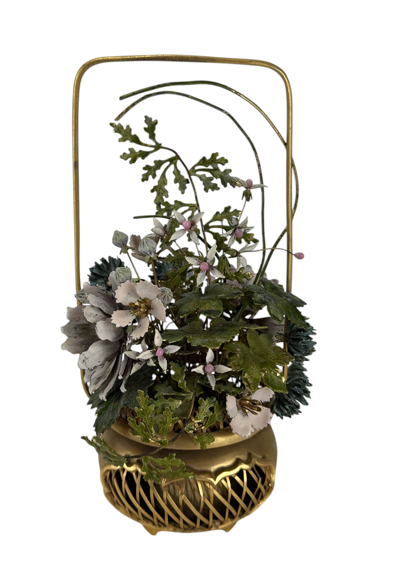 Jane Hutcheson for Gorham Enamel Metal Sculpture: Jane Hutcheson for Gorham Fleurs Des Siecles floral metal flower basket sculpture featuring hand painted tole blooms, berries and foliage in soft tones of white, pink, blue and green. The bouquet is a