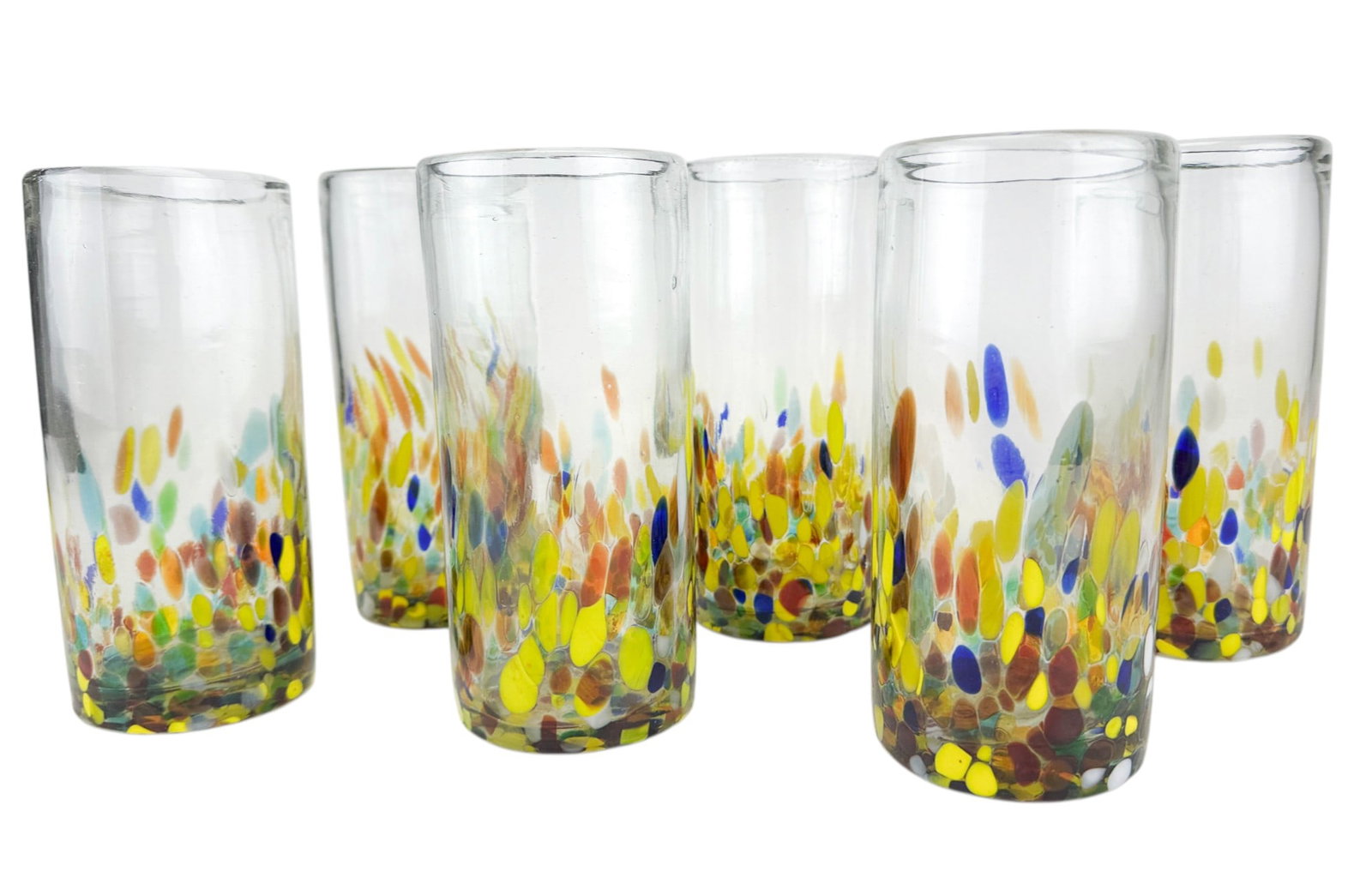Murano Style Art Glass Confetti Spatter Tumbler 6p: Murano style set of six artisan studio hand blown art glass tumblers. Each features a clear cylindrical form decorated at the lower half with vibrant multicolor confetti spatter ware inclusions in sha