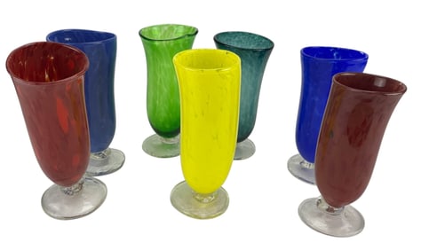 Murano Style Blown Glass Spatter Goblets 7p SIGNED